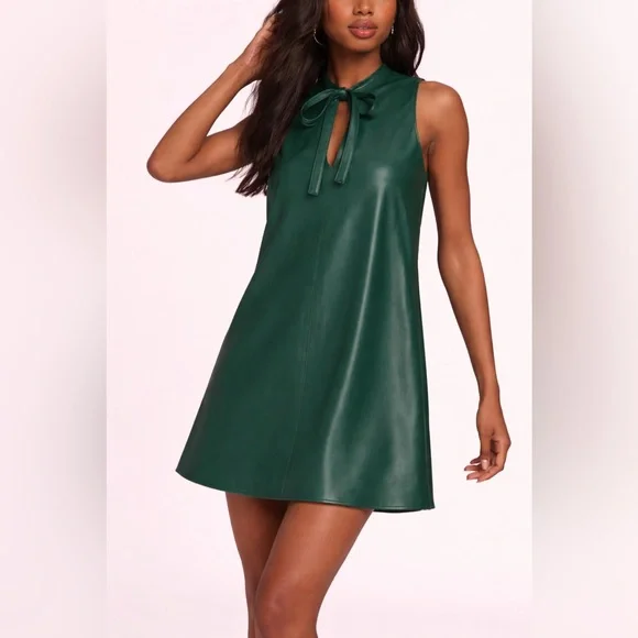 Amanda Uprichard Louie Forest Green Faux Leather Mini Swing Dress - Picture 2 of 10